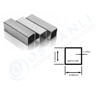 Alüminyum Kutu Profil 200mm x  200mm Et Kalınlık 3mm